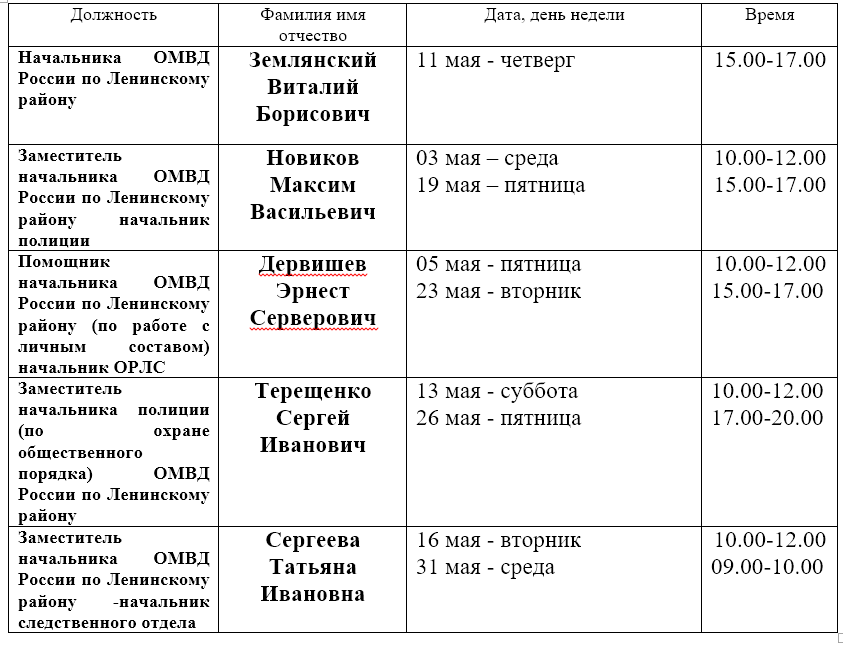График приема граждан руководящим составом ОМВД России по Ленинскому району на май 2017 год.